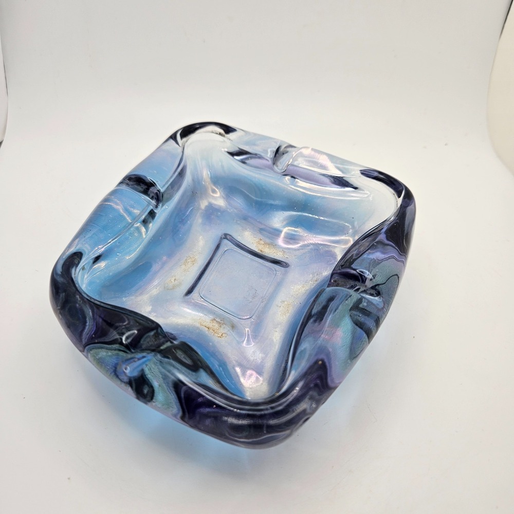 VTG Iridescent Blue Glass Ashtray Square Mid Century Modern MCM Catchall Dish